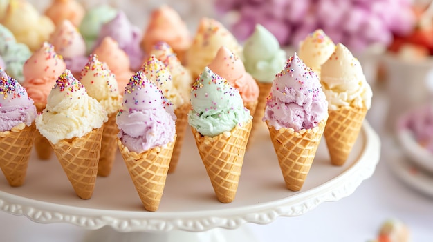 Photo a row of ice cream cones with purple and green sprinkles on them