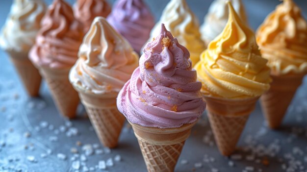 Photo a row of ice cream cones with purple icing on them