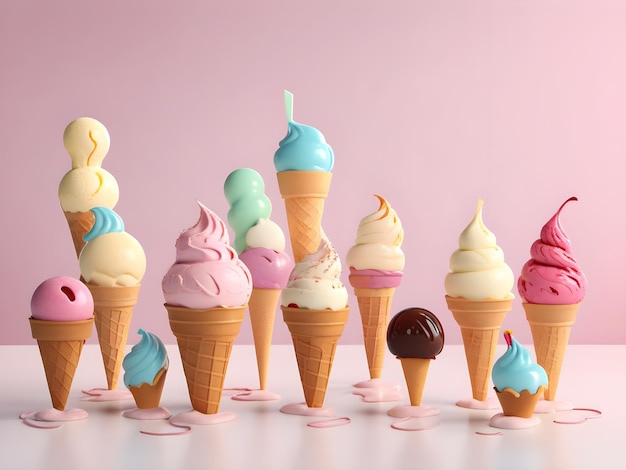 a row of ice cream cones with the word ice cream on the bottom.