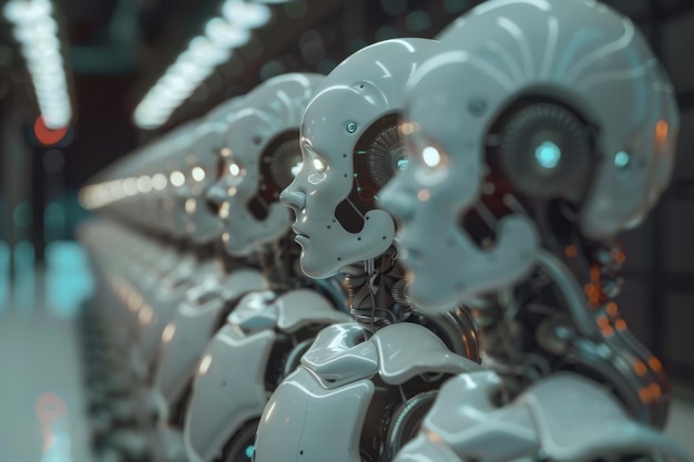 Photo a row of identical white humanoid robots standing in formation highlighting uniformity precision and the rise of ai technology