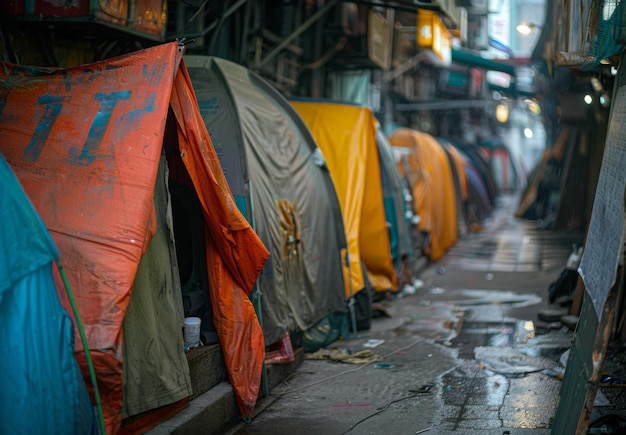 Photo a row of improvised shelters made from discarded materials in a narrow alleyway highlighting the struggle of urban homelessness