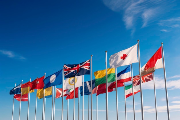 A row of international flags gently fluttering in the breeze against a blue sky