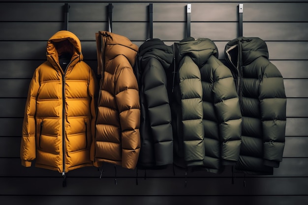 A row of jackets are hanging on a rack, one of which is a yellow jacket.