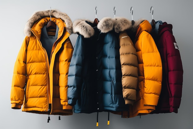 A row of jackets with fur on them hanging on a wall