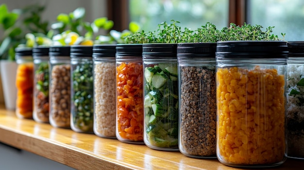 A row of jars filled with colorful ingredients for healthy meals