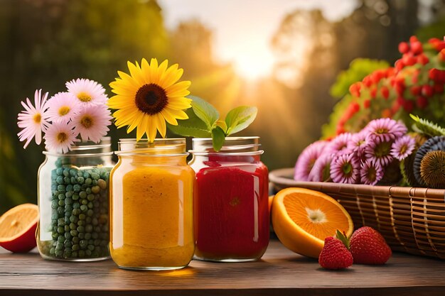 A row of jars of food with different ingredients including fruits vegetables and herbs