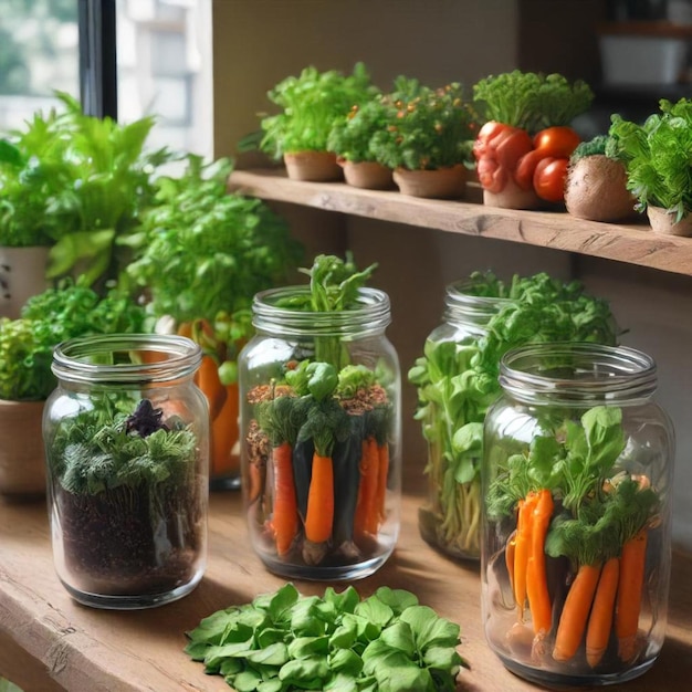 a row of jars with carrots and lettuce in them