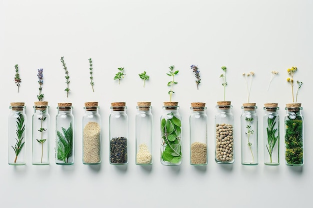 A row of jars with various spices and herbs on a white background