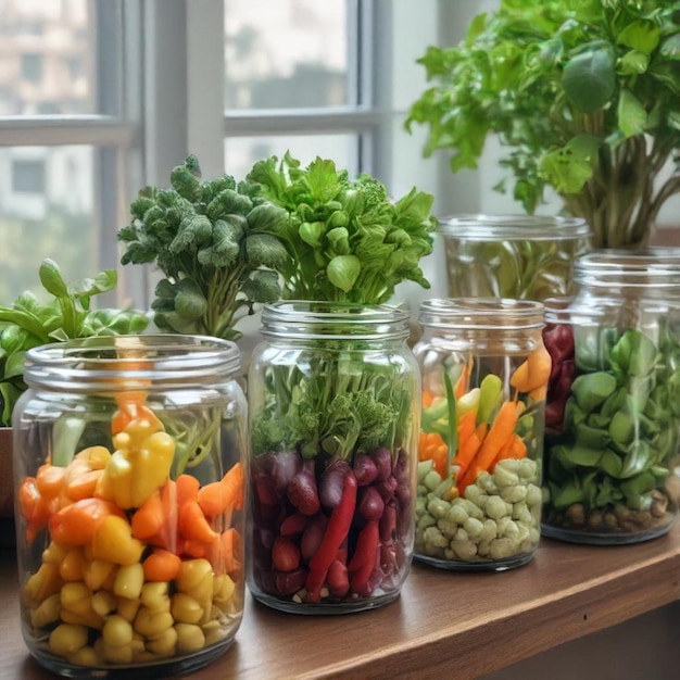 a row of jars with vegetables and fruits on a table