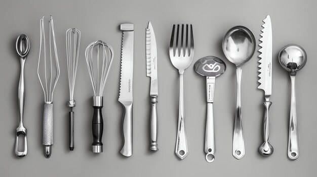 A row of kitchen utensils on a grey background