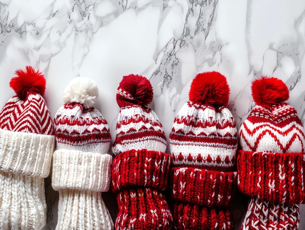 Photo a row of knitted hats with a white background