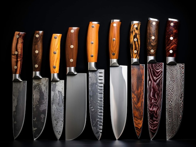 a row of knives with wooden handles