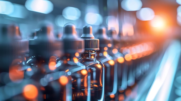 row of lab vials with precision caps soft blue and amber lighting hightech medical research