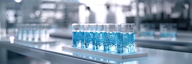 Row of laboratory beakers filled with blue liquid on a countertop with scientists working