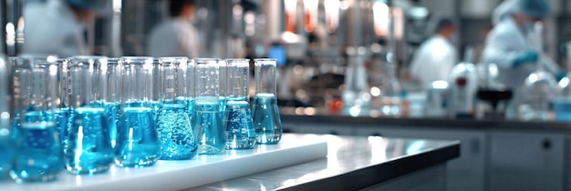 Row of laboratory flasks filled with blue liquid on a table with scientists working in background