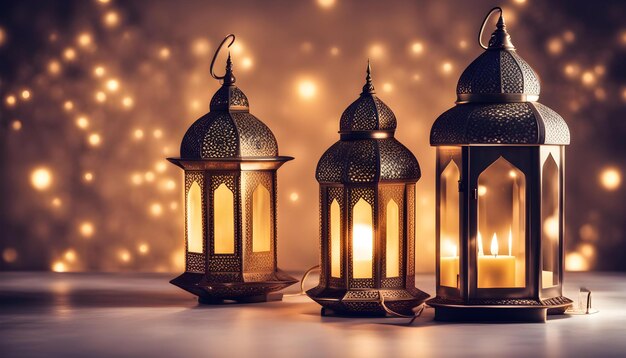 a row of lanterns with a gold background with a christmas tree in the background