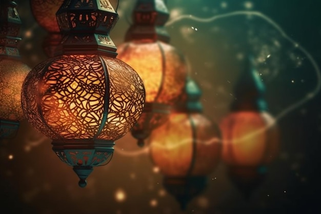 A row of lanterns with the word ramadan on the bottom