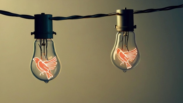 a row of light bulbs with birds on them