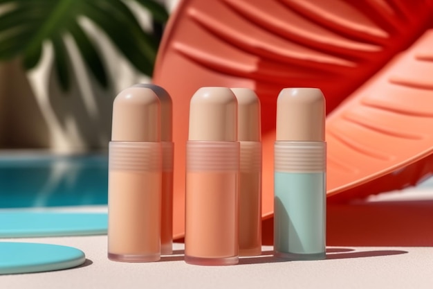 A row of lip glosss are lined up on a table next to a pool.