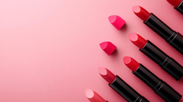 a row of lipsticks on a pink background