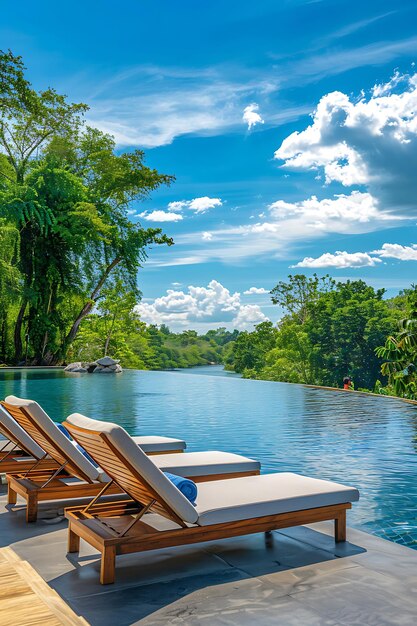 Photo a row of lounge chairs with a blue sky and clouds in the background