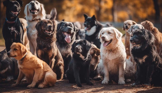 A row of loyal playful pets sitting outdoors looking away generative AI