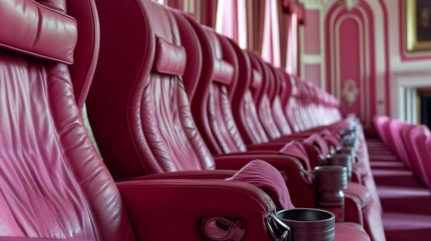 Photo row of luxurious red velvet theater chairs with armrests and cupholders in an empty interior