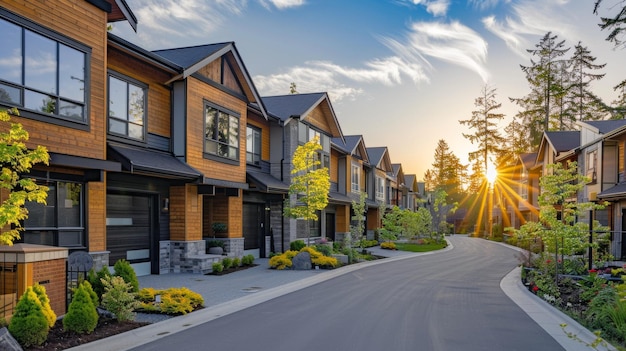 Photo a row of luxurious townhouses with a harmonious mix of wood stone and glass accents nestled amidst m