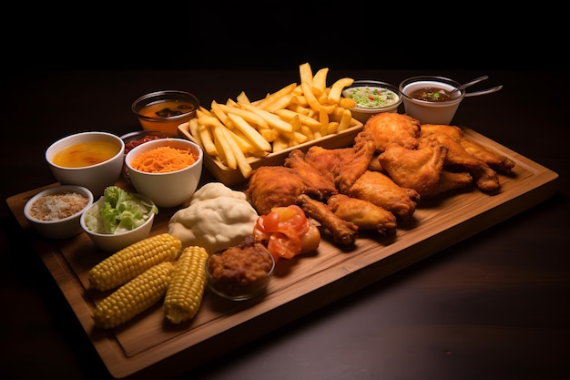 Row made of chicken fast food meal on wooden table