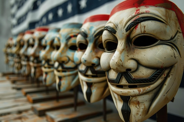 A row of masks sitting on top of a wooden table