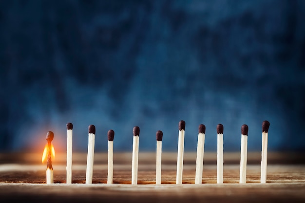 Row of matches, one match burns and fades