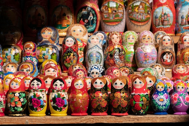 Row of Matryoshka. Russian wooden doll in the form of a painted doll at Russian souvenir market.