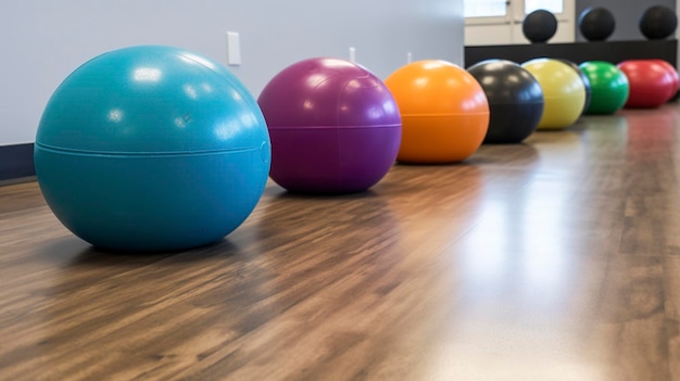 A row of medicine balls of different sizes and colors on the floor