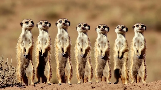 Photo a row of meerkats standing upright in the wild