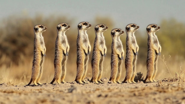 Photo a row of meerkats standing upright in the wild