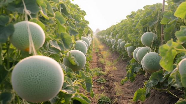 A row of melons on a field