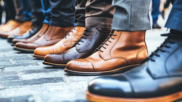 A row of mens business shoes neatly lined up on a cobblestone floor creating a stylish and sophisticated display