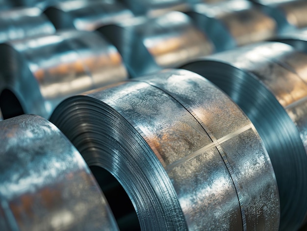 A row of metal tubes are stacked on top of each other