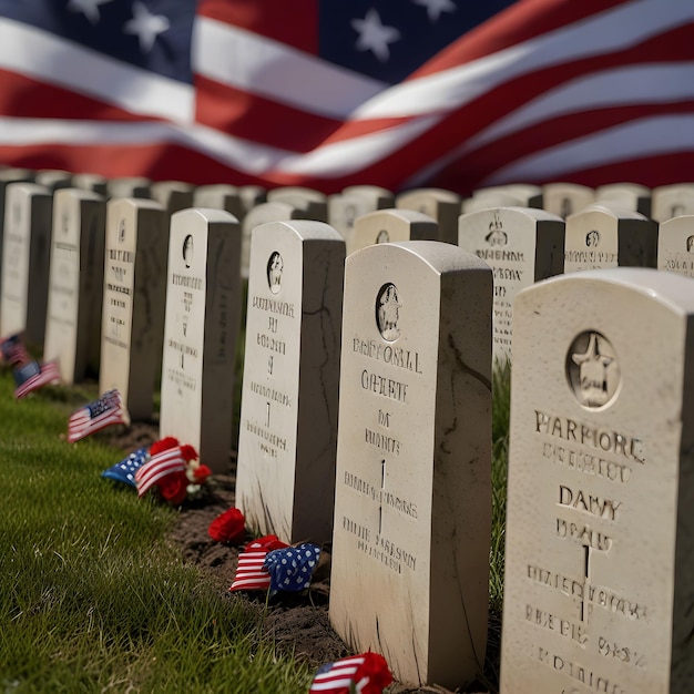 a row of military graves with a flag and a flag in the background