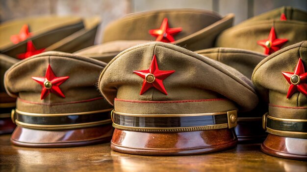 Photo a row of military hats with a red star on the front