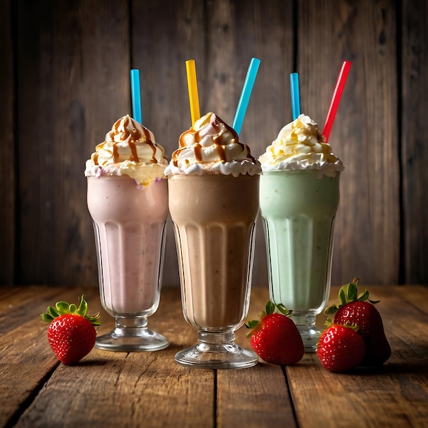 A row of milkshakes and whipped cream on a wooden table