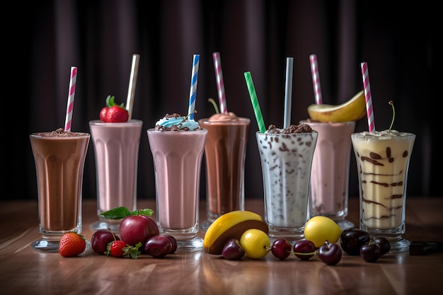 A row of milkshakes with different flavors on the table