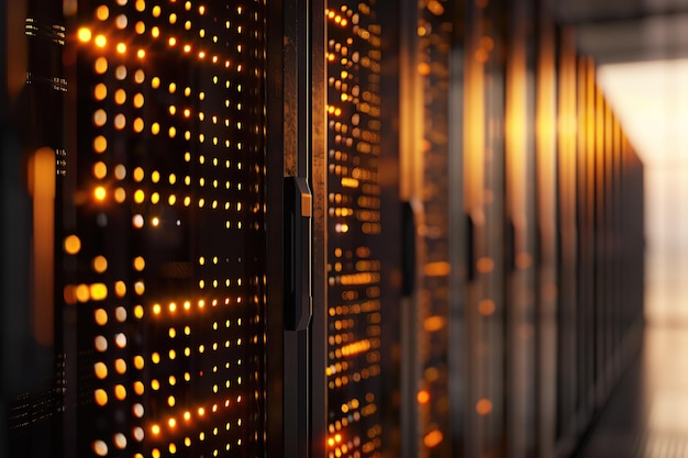 A row of modern hightech server cabinets in an ultramodern data center