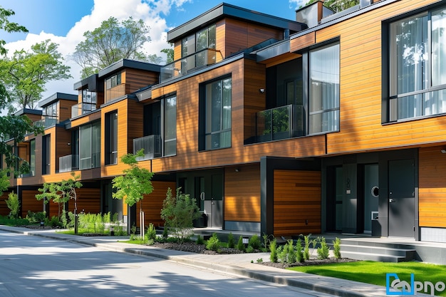 Photo row of modern modular private townhouses with wooden cladding residential architecture exterior