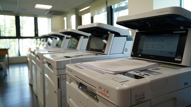 Photo a row of modern office printers in use indicating a busy workplace environment and the importance of efficient printing solutions