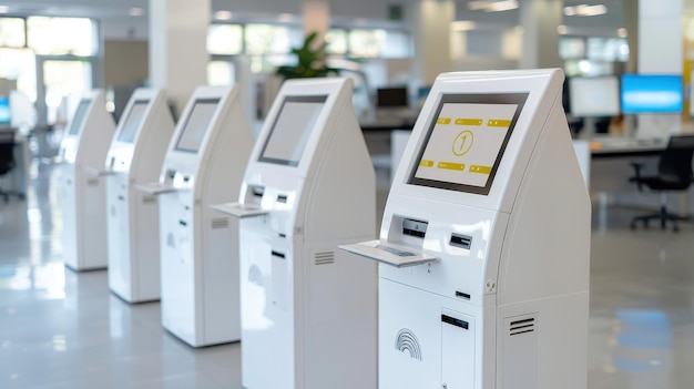 Photo row of modern self service kiosks in office building