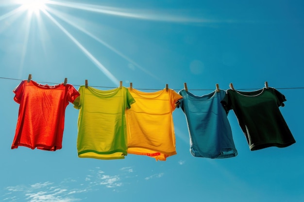 Photo row of multi colored tshirts hanging on a clothesline against a clear blue sky and sun with sunbeams and copy space