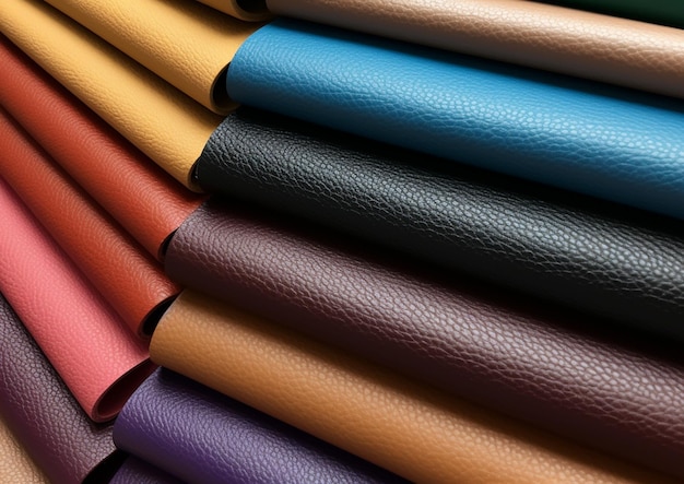 a row of multicolored leather tubes are lined up.