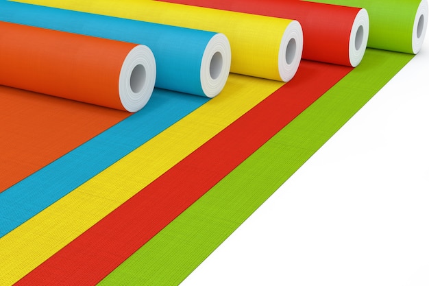 Row of Multicolour Paperhanging Wallpaper Paper Rolls on a white background. 3d Rendering