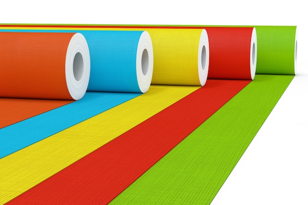 Row of Multicolour Paperhanging Wallpaper Paper Rolls on a white background. 3d Rendering